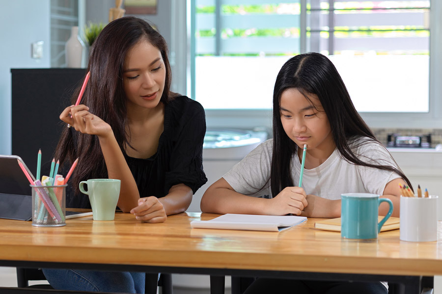 student and tutor together at a desk in St Petersburg