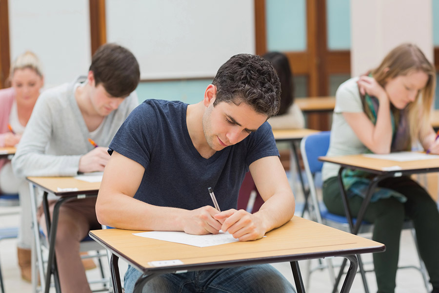 Students taking a test in a classroom in St Petersburg